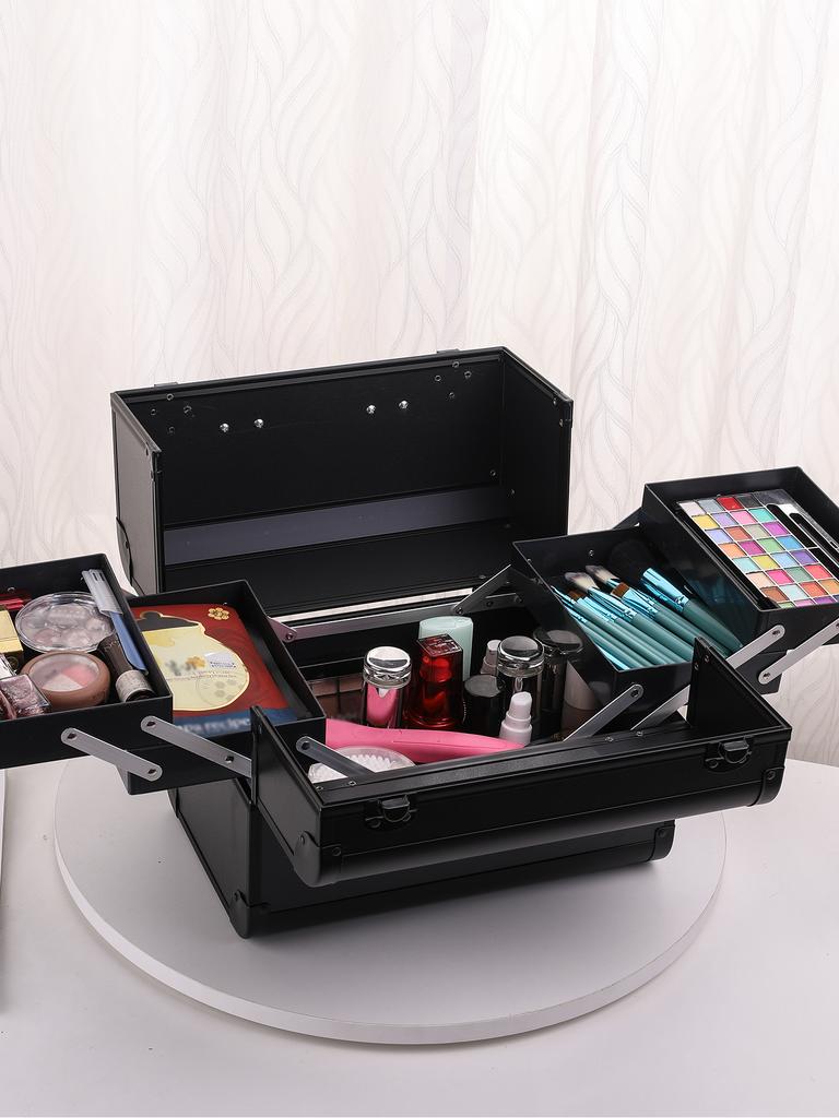 Professional Large Makeup Train Case 4 Trays Cosmetic Cases, Large Makeup Storage Organizer Box with Lock Aluminum Frame