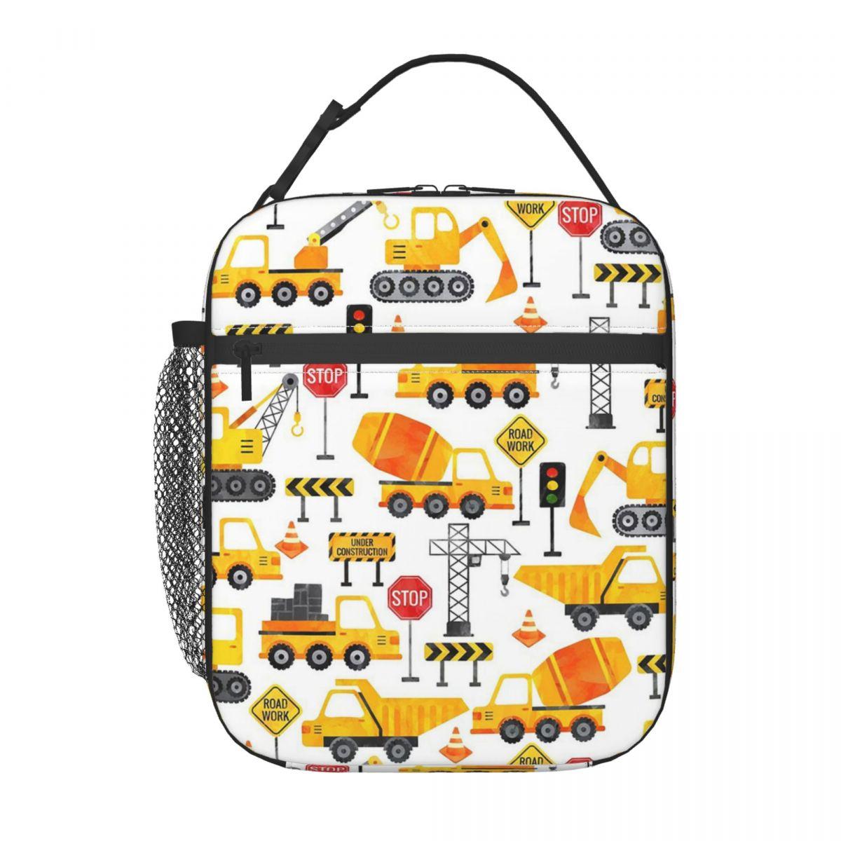Travaux routiers Aquarelle Véhicules de construction Sac à déjeuner isotherme pour femmes Enfants Boîtes alimentaires portables Boîte à lunch thermique Sac fourre-tout One Size black
