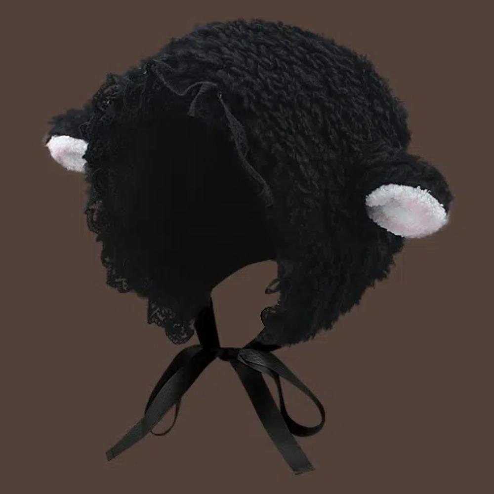 Stropper Saueøre Plysjhatt Japansk Stil Lolita Blondekant Hatt Kuppelhatt Lammulls Caps Utendørs
