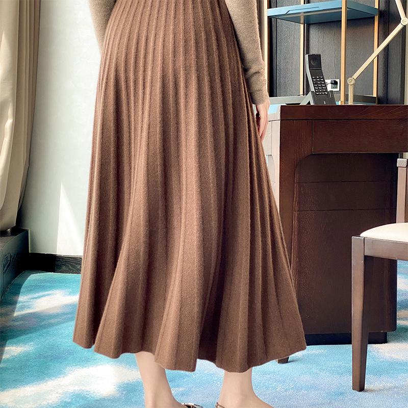 Hepburn Style High-Waisted Cashmere Pleated A-Line Skirt