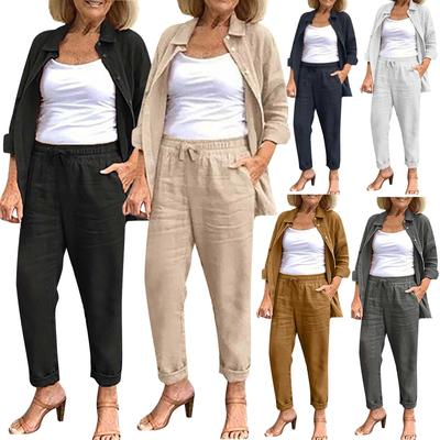 Fashion Women's Casual Solid Color Long Sleeve Shirts  Cotton Linen Pants Suit