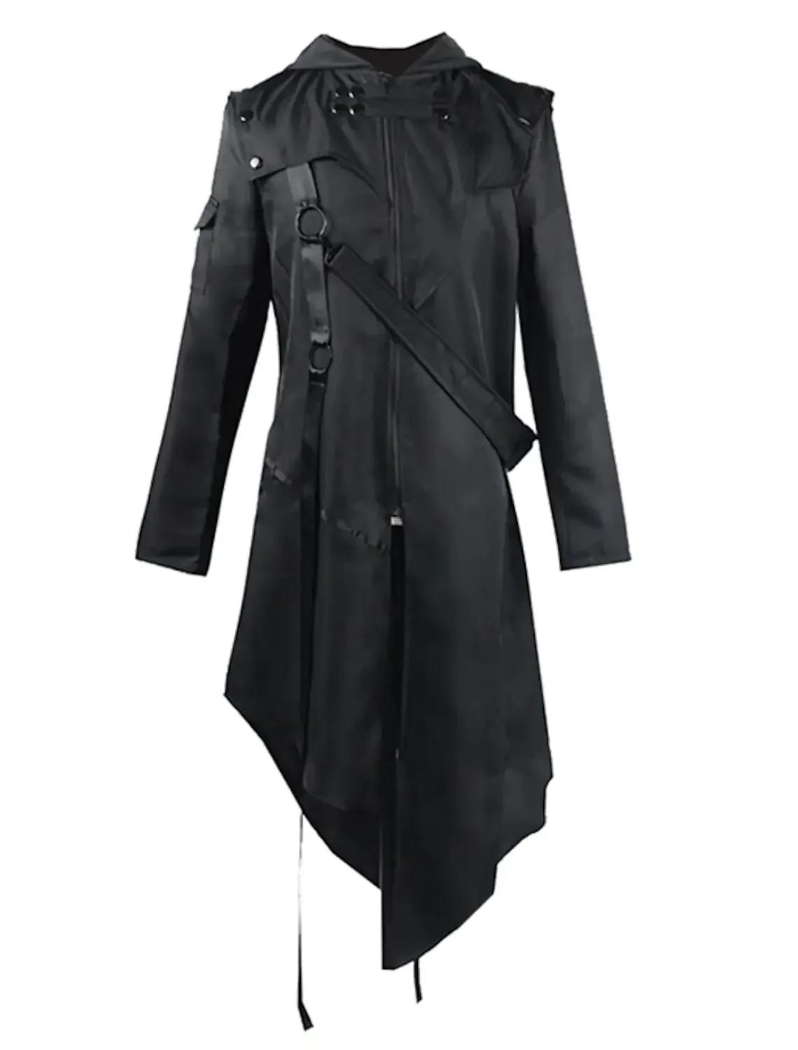 Vintage Halloween médiéval Steampunk Assassin elfes Pirate Costume adulte hommes noir longue veste fendue gothique armure manteaux en cuir S noir