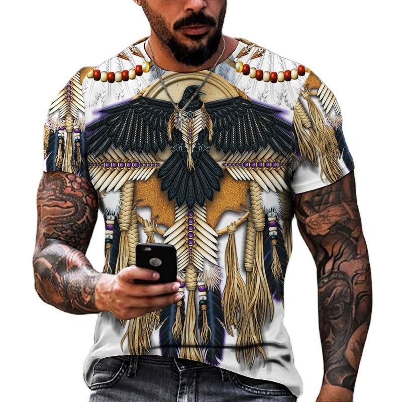 Men's Shirt Casual Harajuku T-shirt Animal Summer Retro Indian Print Men's Street Crew Neck Short Sleeve Design Large