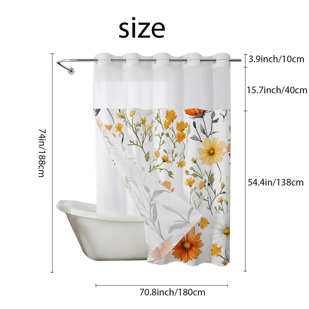 No Hook Yellow Floral Shower Curtain With Snap-in Fabric Liner, Sheer Top Window, Waterproof Double Layer Bathtub Curtain
