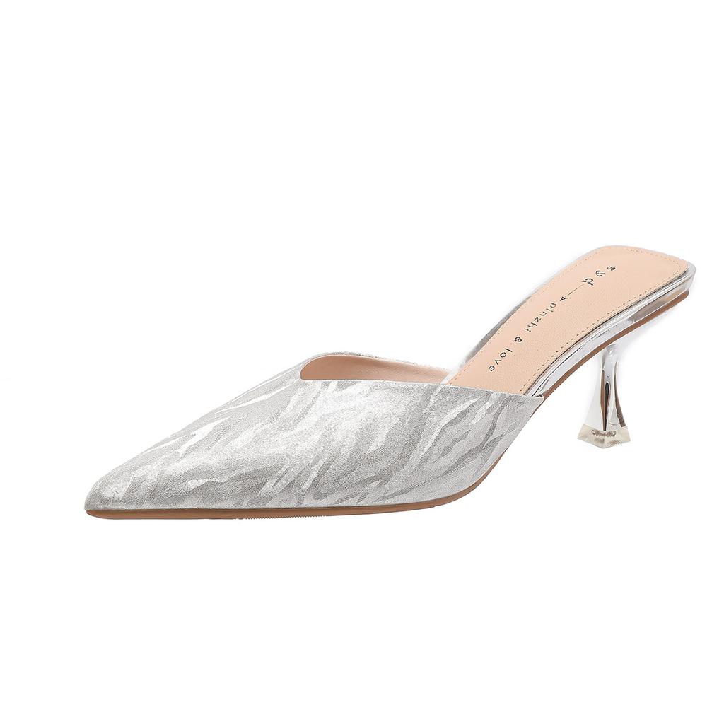 Sommer neu vielseitig Halbschalen-Schuhe Tasche Kopf Sandalen High-Heel-Slipper Damenmode dünner Absatz spitz