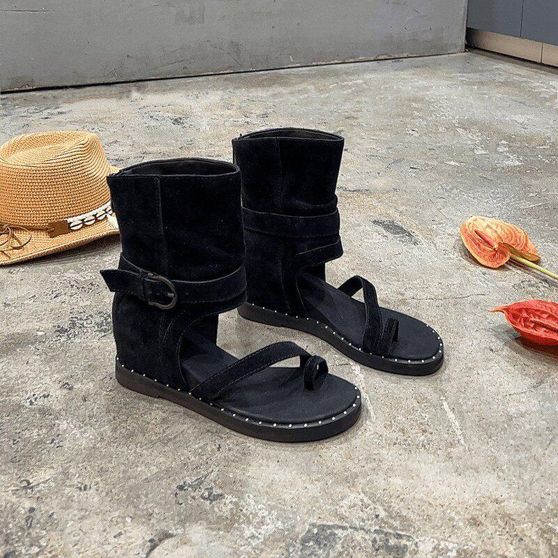 Bohemian New Summer Toe Leather High-top Roman Sandals Women's Inner Toe Heightening Short Cool Boots