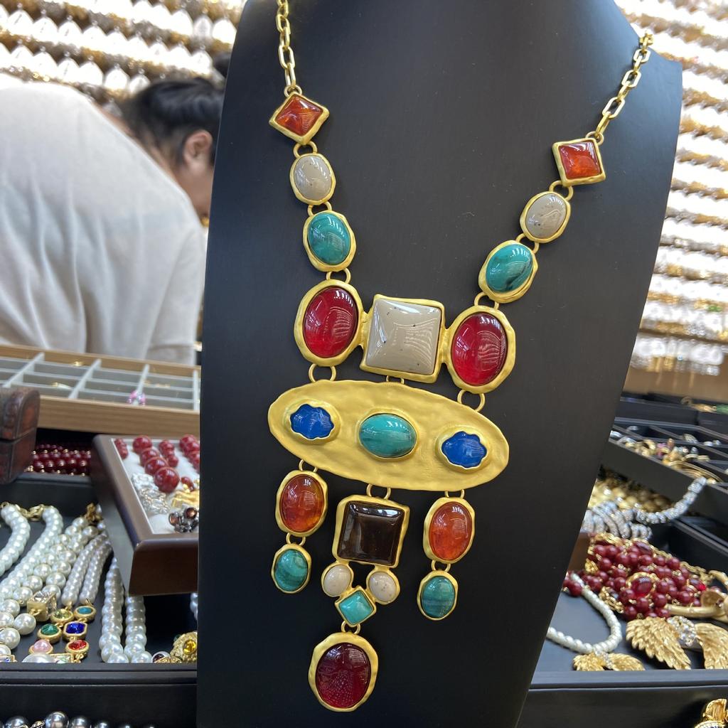 Wind Za Same Baroque Style Geometric Colored Gemstone Long Necklace Retro Court Style Sweater Chain