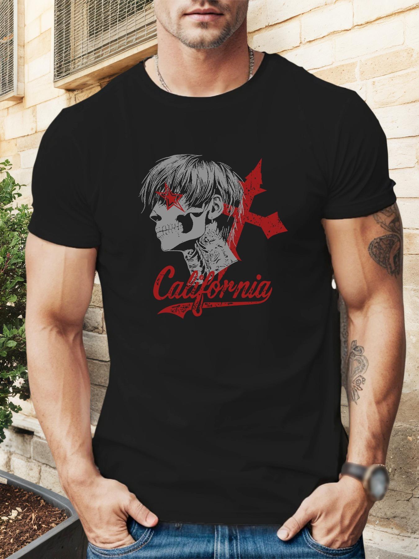 

California Graphic Print Casual T-shirt - Summer Comfort Round Neck Tee with Star & Cross Design L