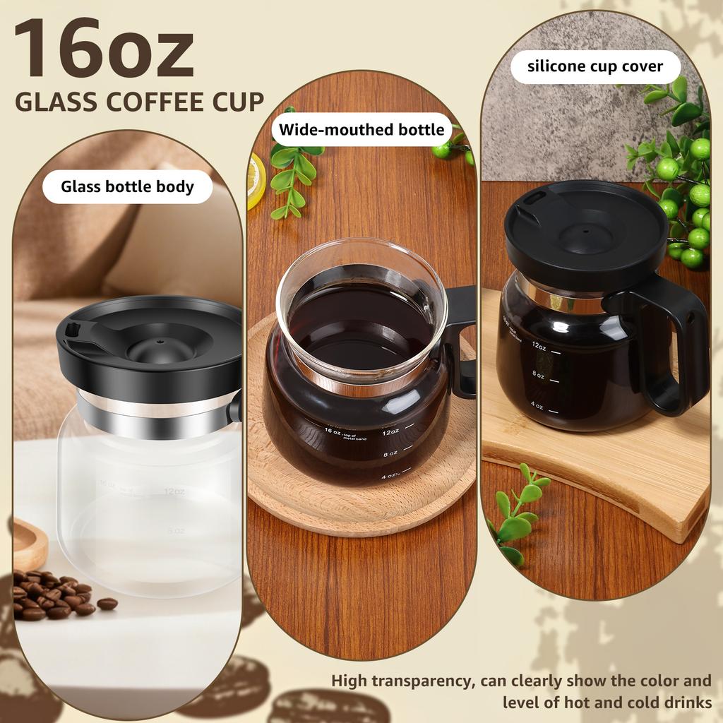 16oz Glass Coffee Mug Heat Resistant Coffee Pot Mini Coffee Pot Mug with Leak Proof Lids and Handle Mocha Pots for Espresso Tea
