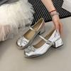 New silver little Mary Jane single shoes with skirt light mouth round head bow ballet French thick heel women's shoes