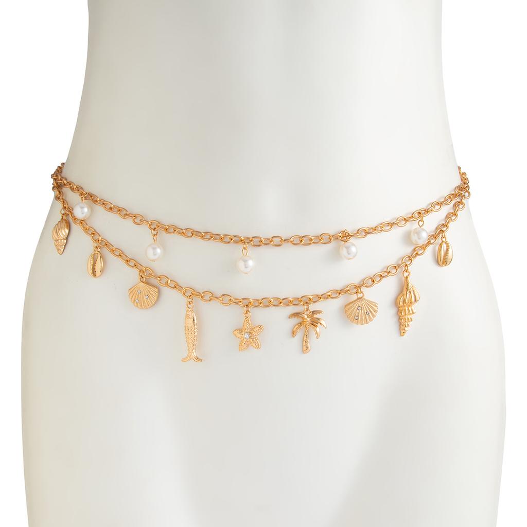 Mehrlagige Seestern Muschel Taillenkette Trendige Imitationsperle Sexy Bikini Goldfarbene Bauchkette für Frauen Mädchen Körperschmuck Geschenke