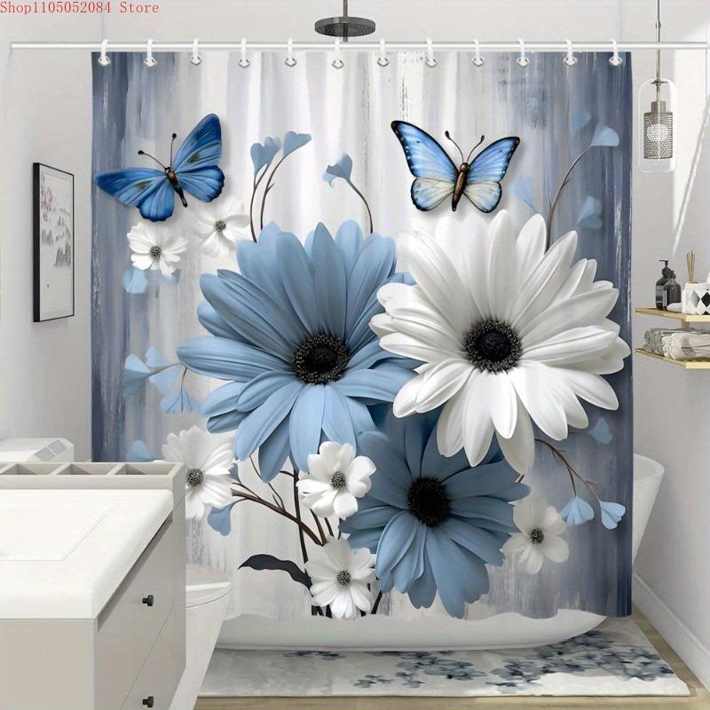 1pc blue white daisies butterflies shower curtain polyester-   With Hooks Waterproof Mildew Proof Easy Install Washable