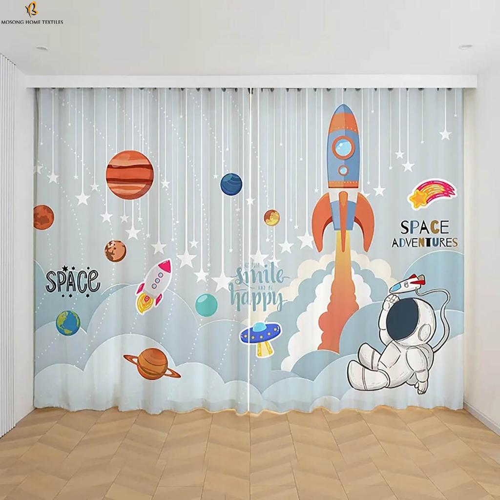 Cartoon Astronaut Printed Curtains Kids Children's Room Window Decoration Curtains Suitable For Bedroom Living Room Balcony