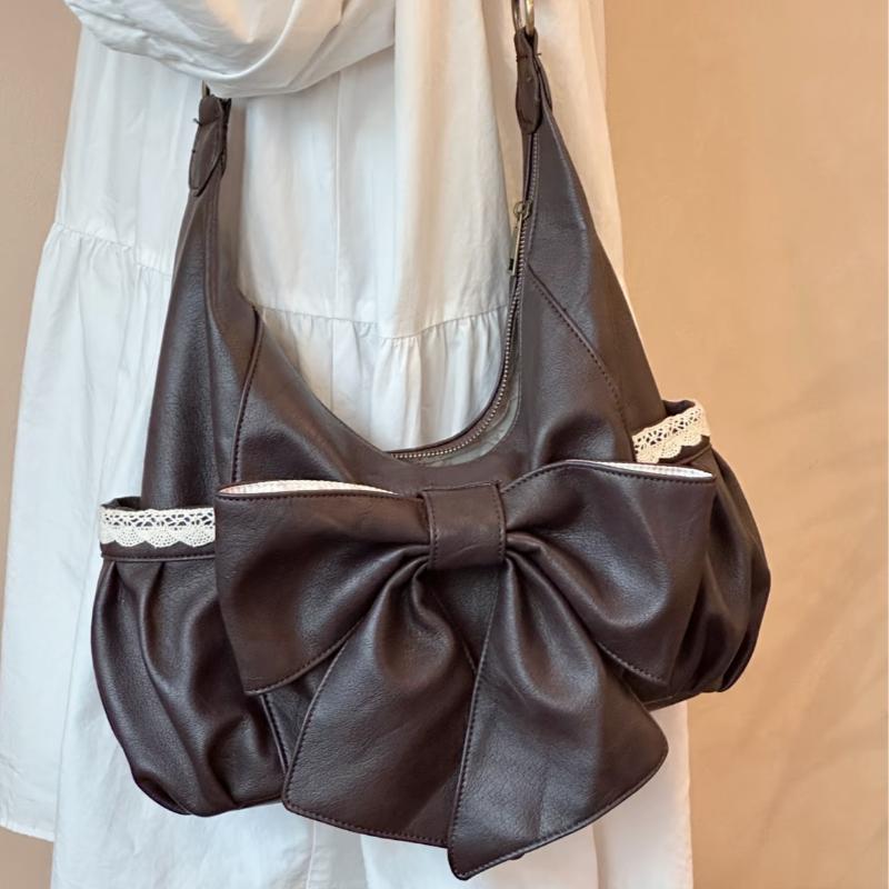 Bow-knot Lace Shoulder Bag Vintage Coffee-colored Large Capacity Handbag Y2k Hot Girl Bag Student Commuting Casual Crossbody Bag