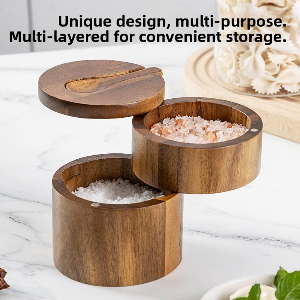 1PCS Acacia Wood Salt Shaker Spice Container Built-in Spoon Slot Condiment Box Kitchen Storage Modern Magnetic Lid Tool