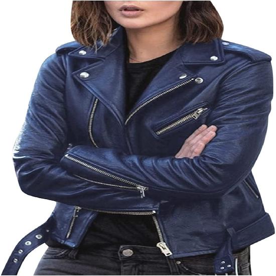 Noora Women's Navy Blue Motorcycle Biker Lether Jacket With Zipper & Pocket & Belt Jacket