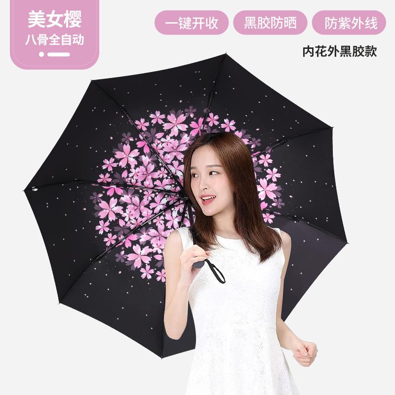 Ancient fully automatic three-fold umbrella, weather and rain parasol, graffiti female vinyl sun umbrella, a large number of