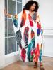 EDOLYNSA Plus Size Kaftan Bohemian Multicolored Leaves Printed Summer Long Beach Dress Women Homewear Outfit Swim Suit Cover Up Loose Caftan