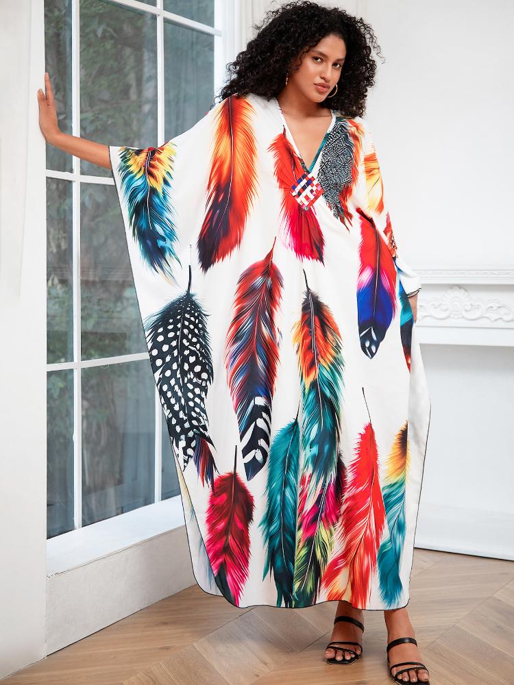 EDOLYNSA Plus Size Kaftan Bohemian Multicolored Leaves Printed Summer Long Beach Dress Women Homewear Outfit Swim Suit Cover Up Loose Caftan