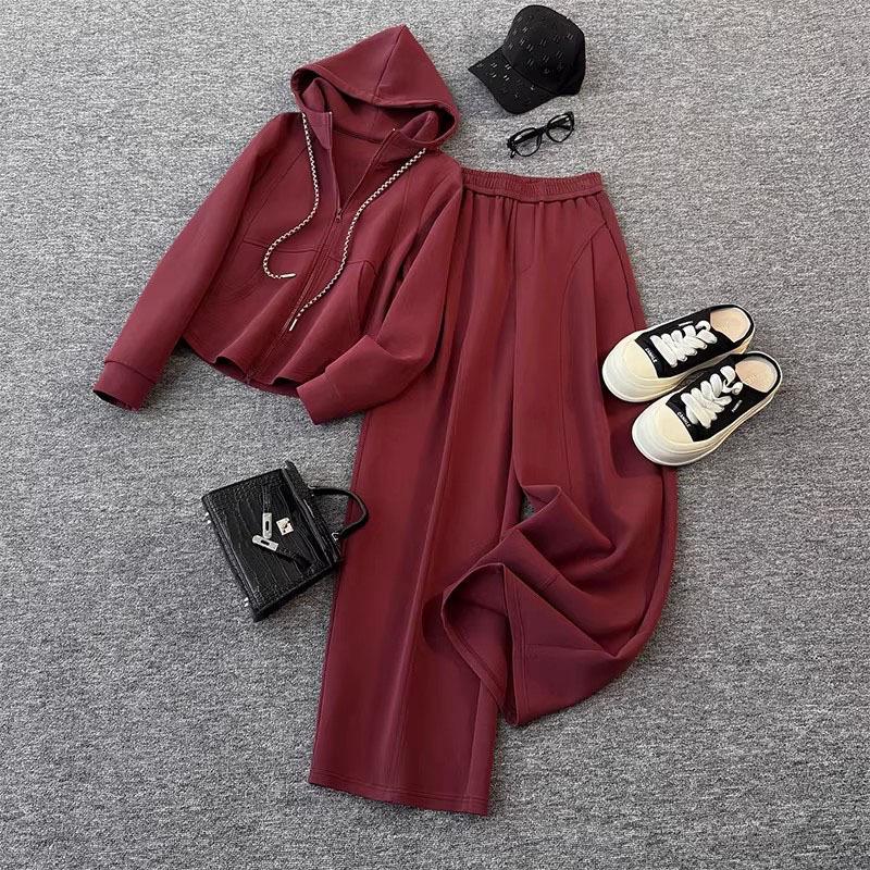

Women s High-End Jujube Red Hooded Cardigan & Wide-Leg Pants Set (Autumn 2025) Large