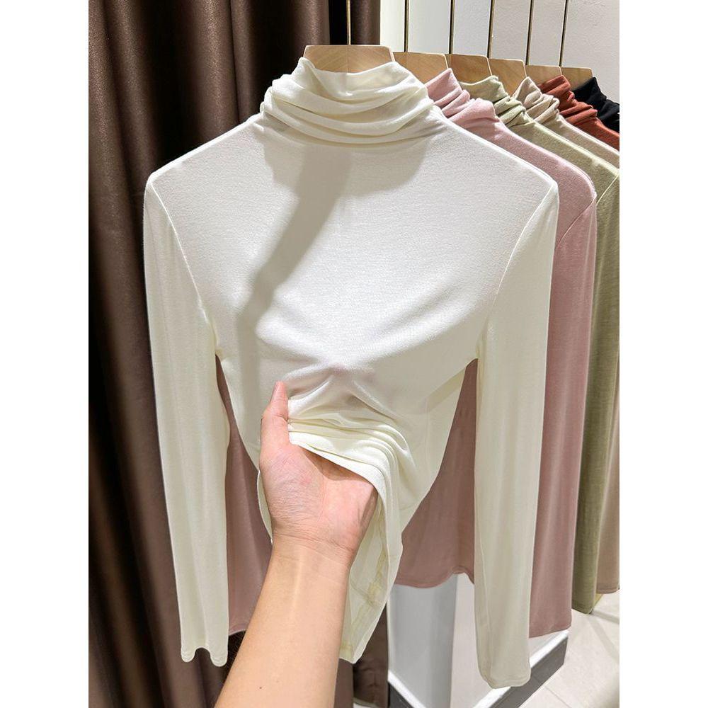 Women's Modal Apricot Slim Fit High Neck Base Layer Shirt for Spring/Autumn