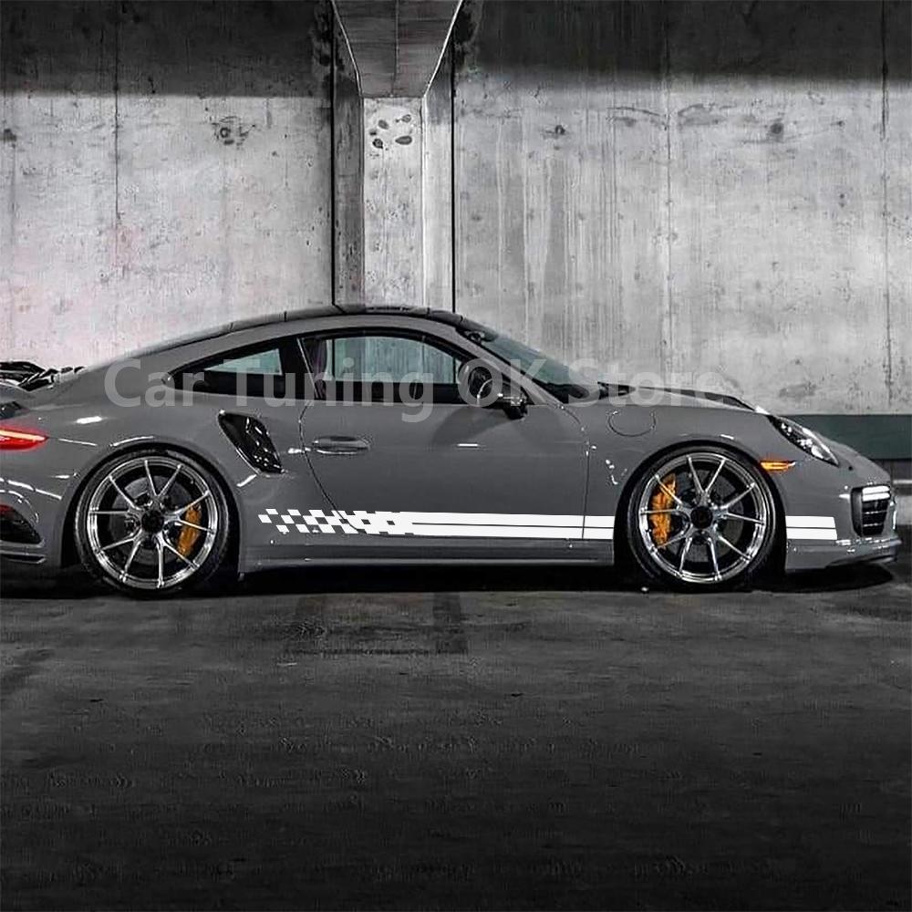 Checkered Graphic Car Door Side Skirt Stickers for Porsche 718 911 Racing Sport Auto Body Stripe Vinyl Film Decals Accessories