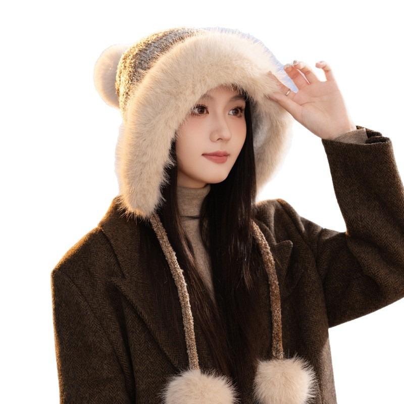 Winter hat women's retro knitted hat fleece thickened ear protection cold wool hat cute rabbit hairball thermal hat