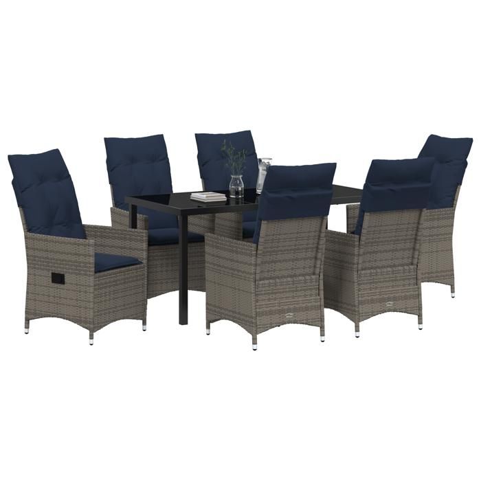 vidaXL 7-piece Garden Dining Set with Gray Poly Rattan Cushions 3379594
