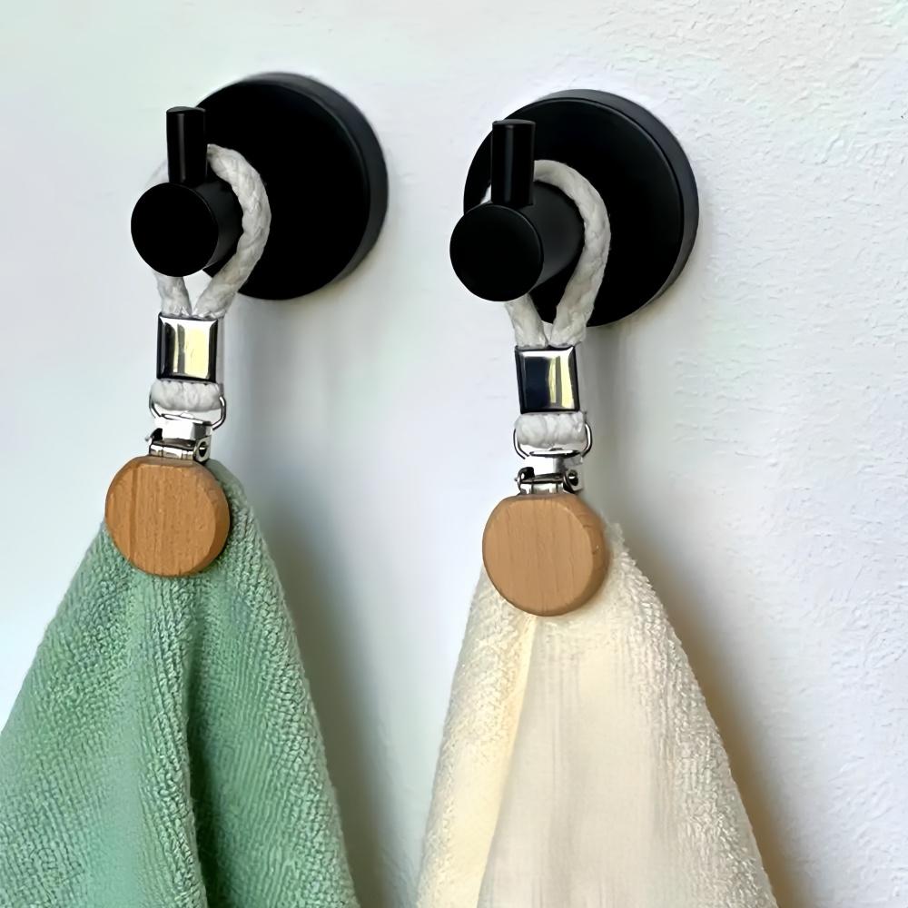 1-8PCS Towel Hanging Clips Woven Cotton Rope Bathroom Wood Round Head Metal Hanging Clips For Home Towel Clothes Storage Hook