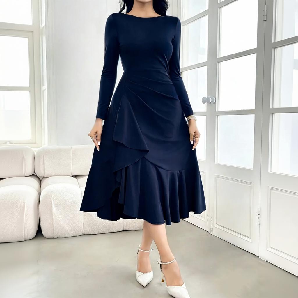 Women's Elegant Long Sleeve Round Neck Slim Fit Evening Dress for Formal Occasions