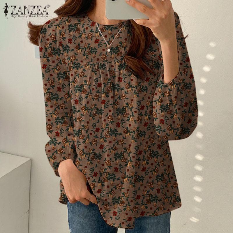 ZANZEA Women Casual Long Sleeve O-neck Loose Floral Blouse Tops