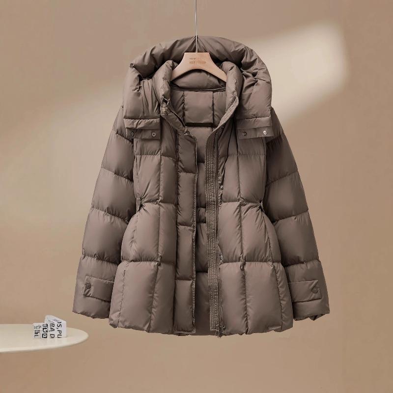 Winter New Down Jacket Women's Medium and Long Thickened Waist and Thin White Duck Down Hooded Cape Jacket