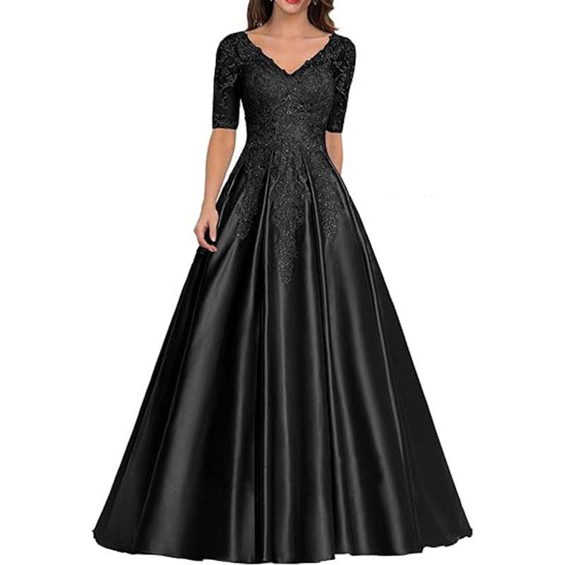 New evening dress lace V-neck short-sleeved long dress temperament party host new dress