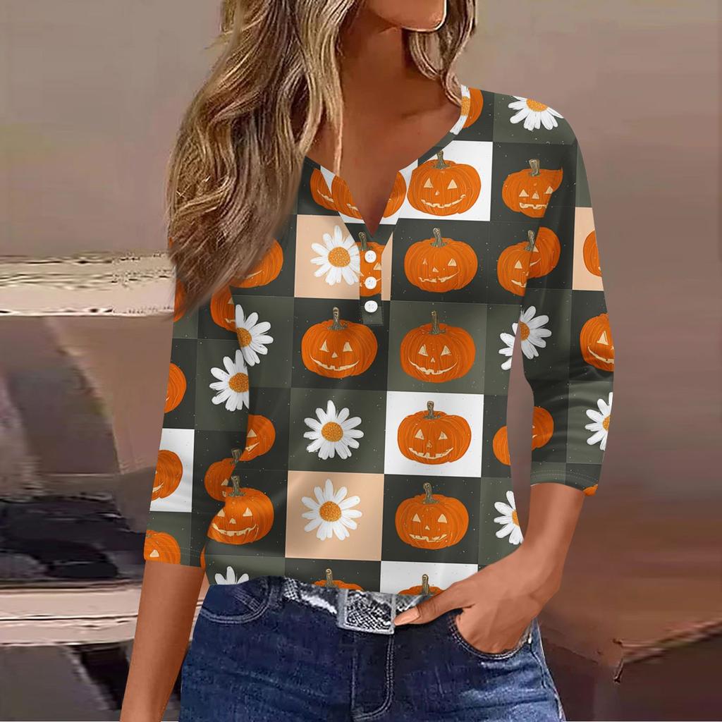 Women's Casual Fashion V-neck Loose Versatile Halloween Print Three-quarter Sleeve Top