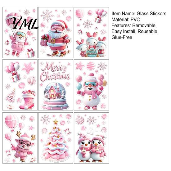 Reusable Christmas Decorations 9Pcs Pink Static Window Clings, Santa Snowman Bunny Penguin Glass Claus Decor Decals, Xmas Stickers, Holiday