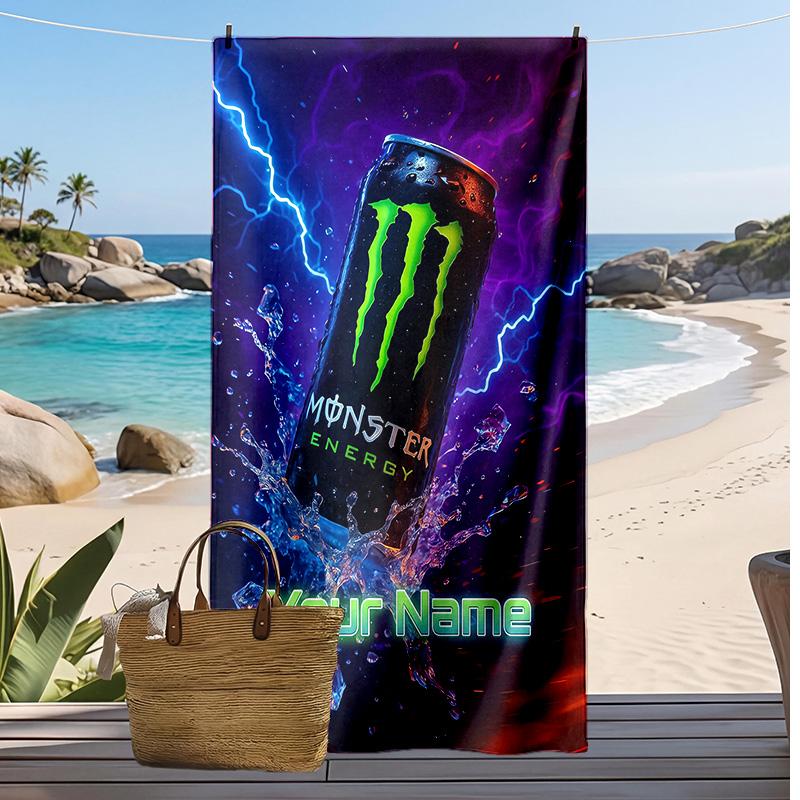 Asciugamano da Spiaggia Personalizzato Monster Energy, Stampa il Tuo Nome Testo Asciugamano Leggero Assorbente per Nuoto Viaggio