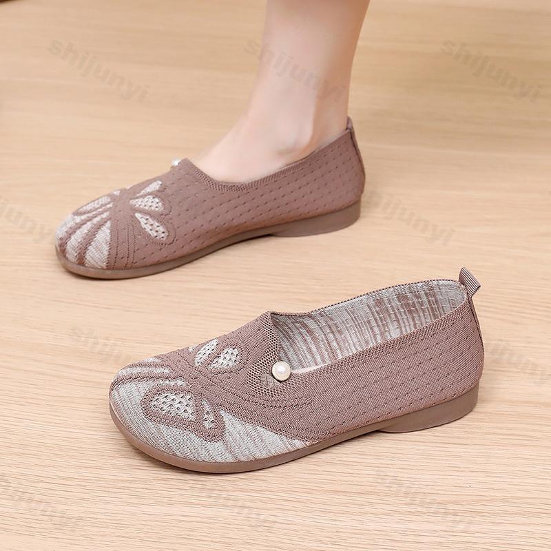 Damen Freizeit Flache Schuhe 2026 Herbst Bequem Rutschfest Outdoor Wanderschuhe Mesh Atmungsaktiv Gestrickt Perlenblume Freizeitschuhe