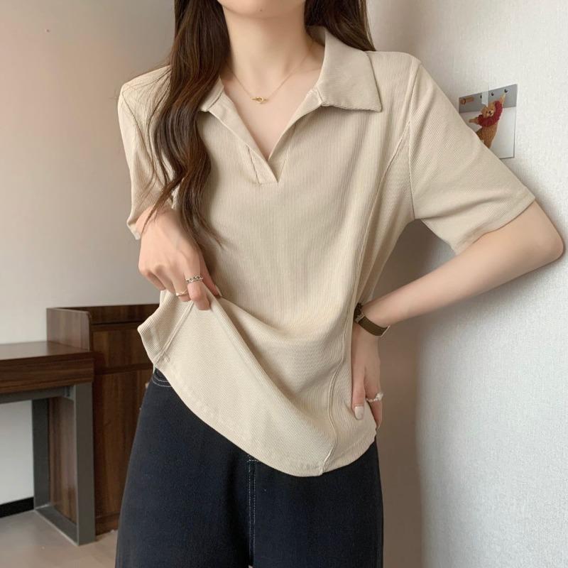 Women's White Ribbed Polo Shirt Short-Sleeve Slim-Fit Casual V-Neck Daily Top