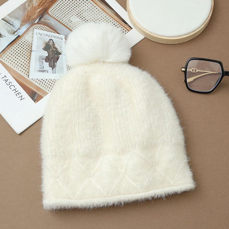 

Pearl Plush Pullover Ear Hat Women s Autumn and Winter Wind and Cold Bag Head Knitted Hat ONE SIZE