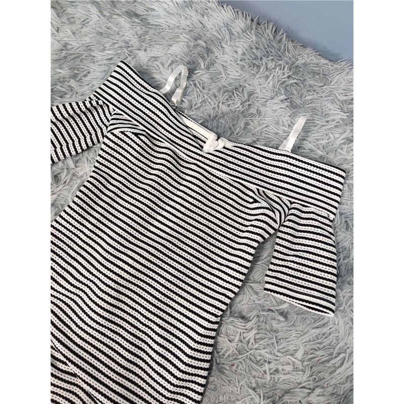 Export Single Gu Classic Black and White Stripes Contrast Color Hollow Concave-Convex Design Sling Short Collar Silm Sheath Dress