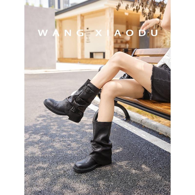 Cowhide version~ Wang Xiaodu has the same leather height increase of 4.5cm stacked Martin Knight boots women's medium tube western trouser tube boots