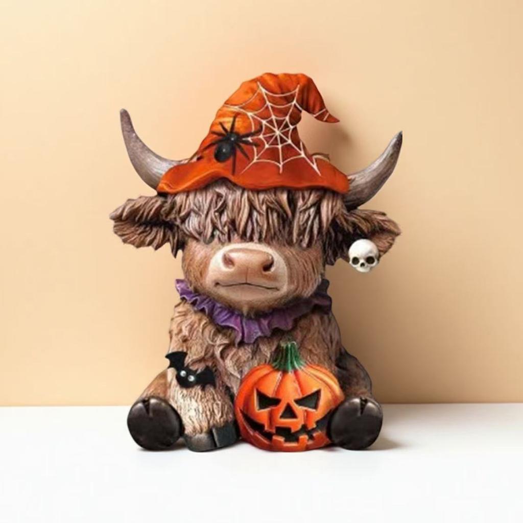 Halloween Highland Cow Holding Skull Pumpkin Resin Statue Festives Home Table Decors Ornament Resin Miniature Sculpture