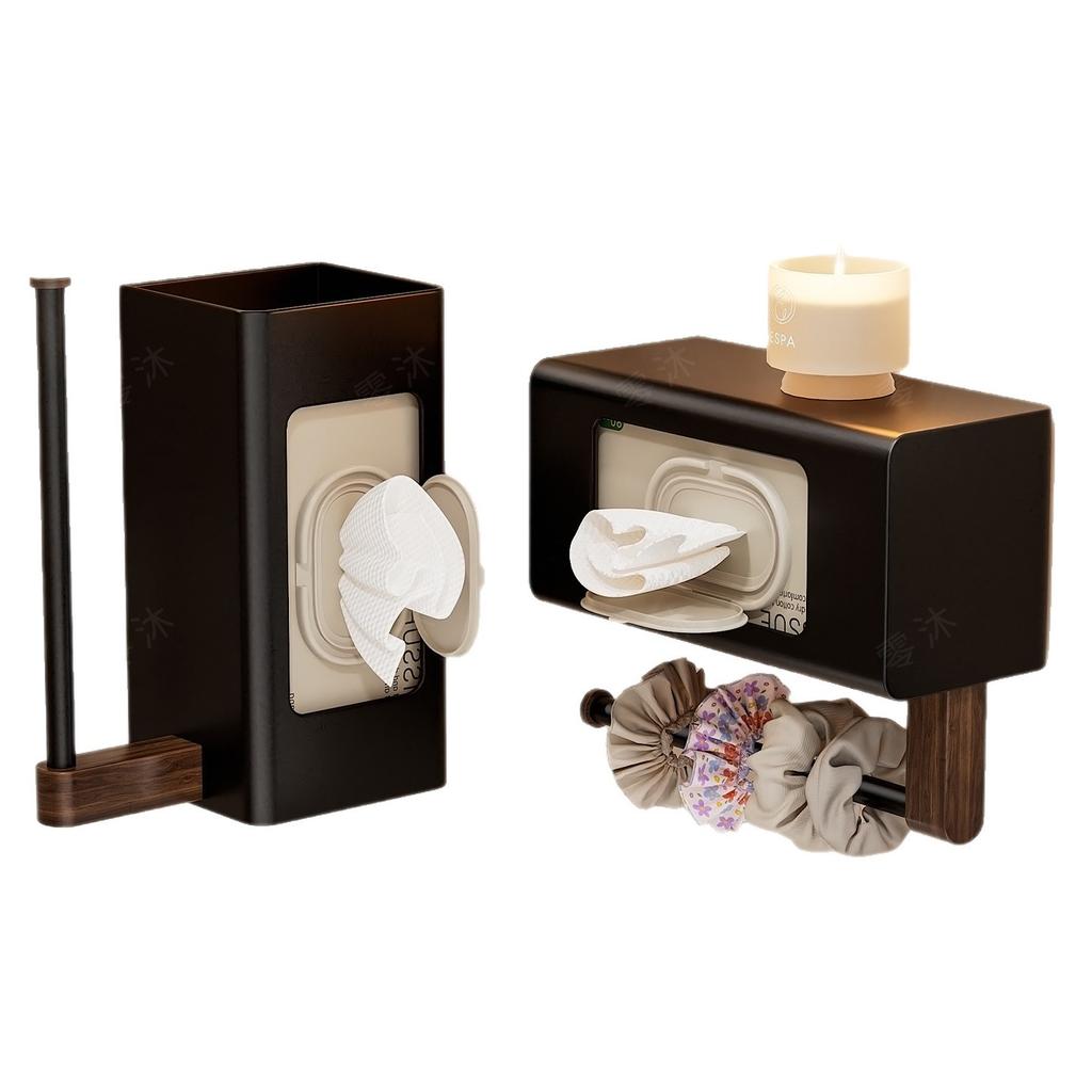 No Drill Walnut Toilet Paper Holder, Wall Mounted Bathroom Organizer Modern Wood Storage Rack for TP & Hand Towel