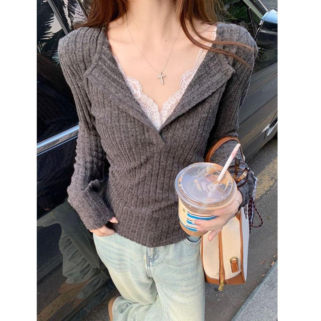Gray Lace V-Neck Knit Top - Autumn/Winter Slim Fit Long Sleeve Base Layer