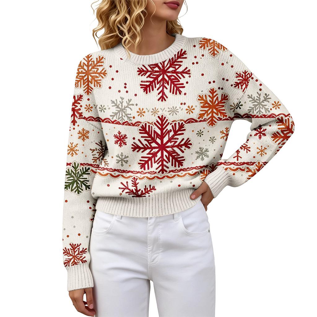 Women's Christmas Print Crewneck Long Sleeve Sweater for Fall Winter Casual Wear