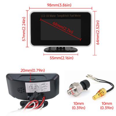 Medidor de pressão de óleo LCD 4 em 1 + temperatura da água + medidor de nível de combustível + voltagem com sensor para carro e caminhão universal 12V 24V