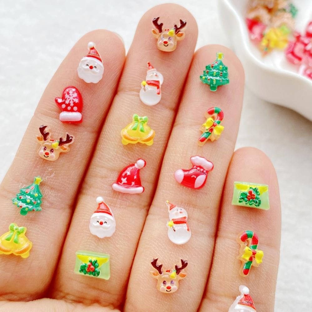 50pcs Resin Mini Cartoon Santa Claus Snowman Deer Bell Cane Christmas Tree Flat Back Nails Art Decor DIY Scrapbook Accessories