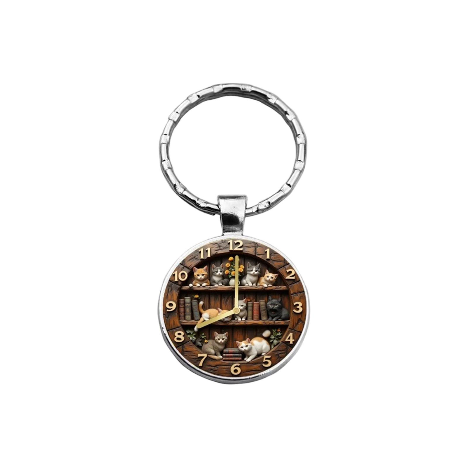 

Alloy Keychain Pendant with Clock and Cat Bookshelf Design Round Shape Decorative Key Ring Accessory for Everyday Use and Gift One Size