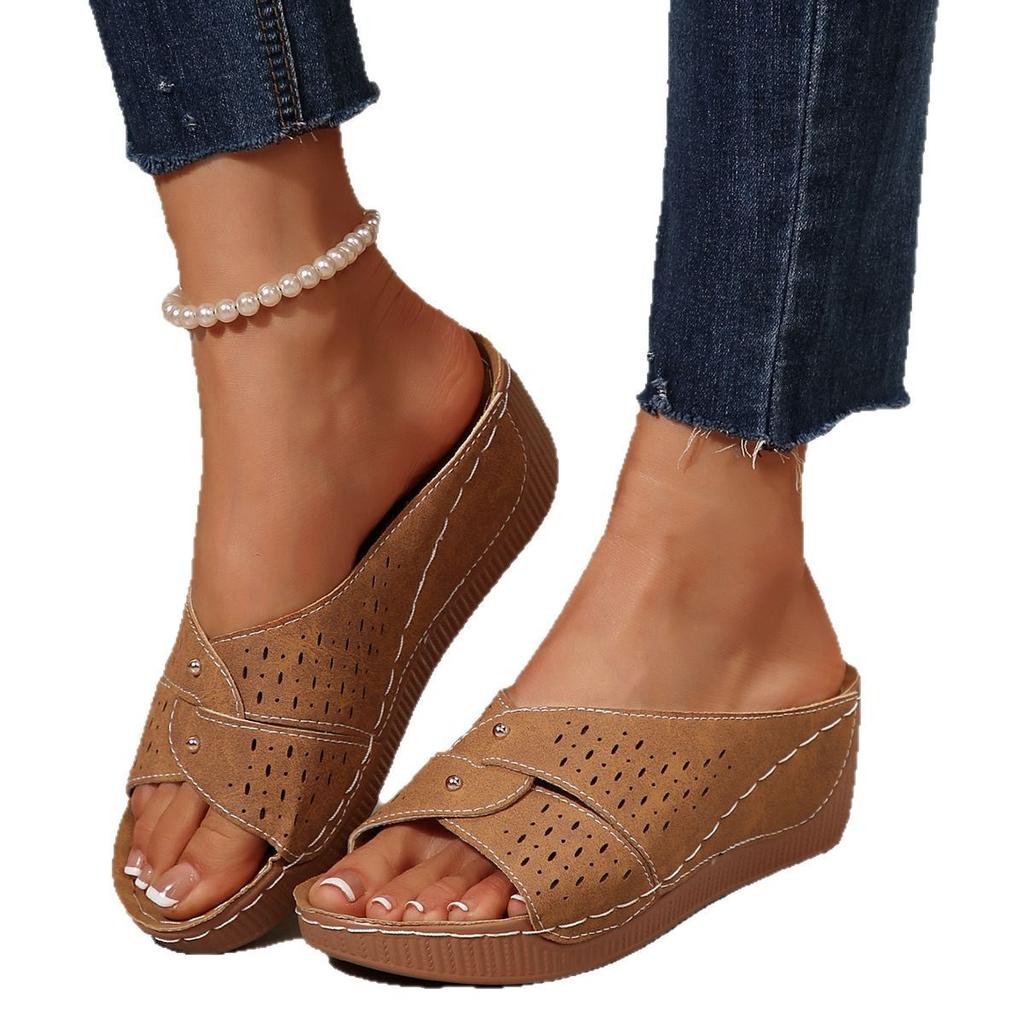 22 summer new slope heel platform slippers large size fish mouth word with casual beach shoes