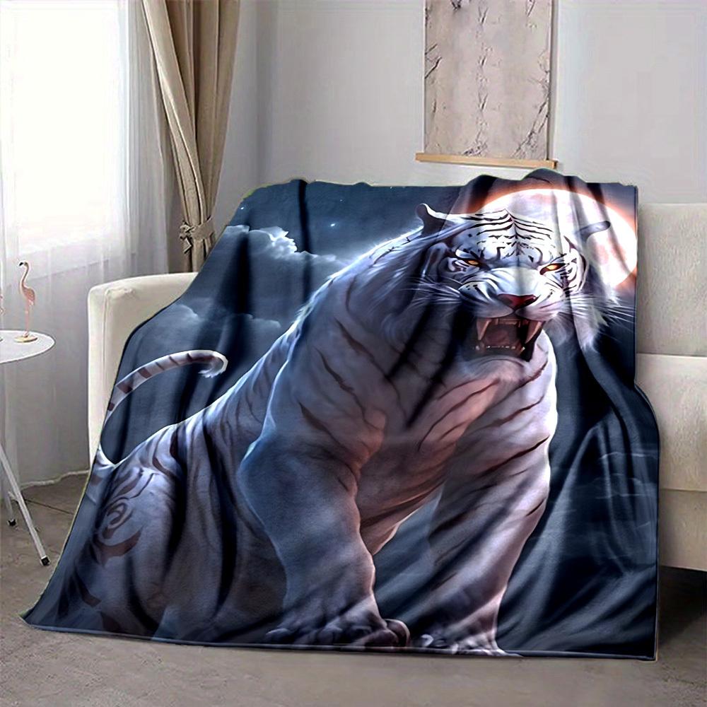 1pc Tiger Moon Night Print Blanket - Lightweight Flannel Fleece with Digital Printing, Soft Warm for Sofa, Travel, Camping, Office yy251018270